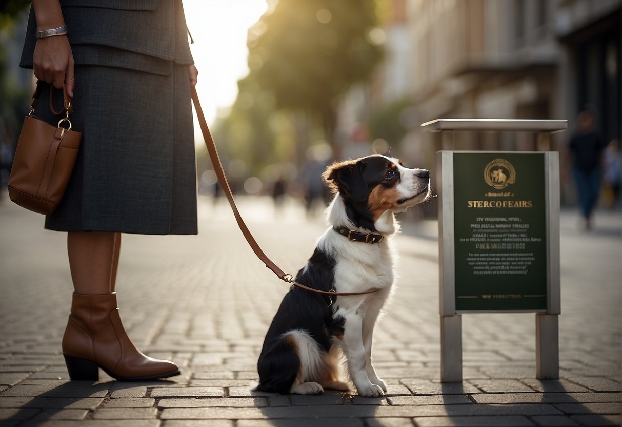 A dog owner walks their leashed pet past a sign detailing responsible ownership and breed legislation
