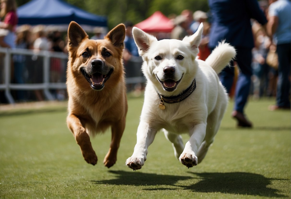 Various dog breeds prance around a show ring, vying for attention and accolades from judges and spectators