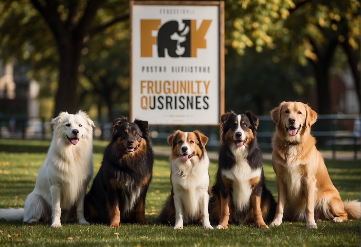 Various dog breeds surround a large sign that reads "Frequently Asked Questions" in a bustling park setting