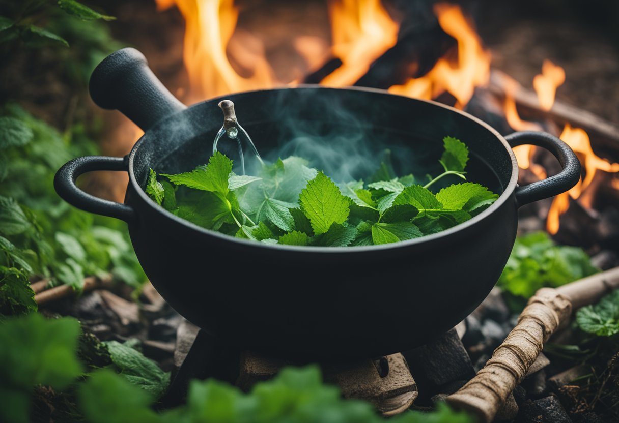 A cauldron bubbles over a crackling fire, filled with fresh nettle leaves and boiling water. A mortar and pestle sit nearby, ready to crush the leaves into a vibrant green liquid