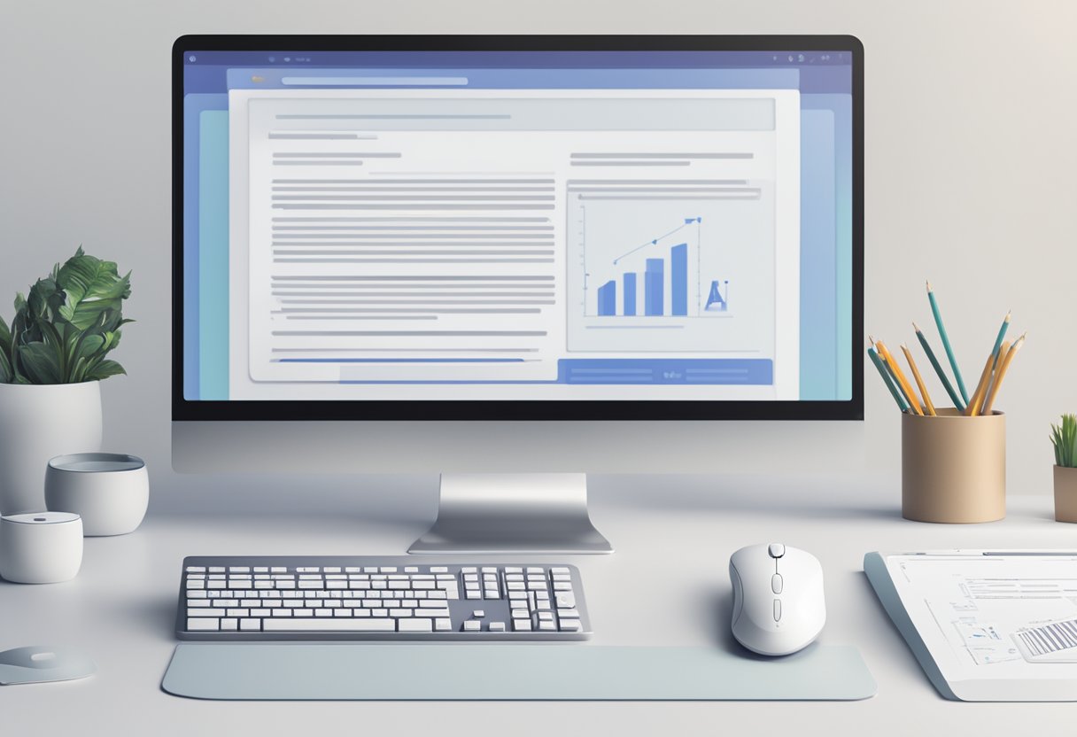 A computer screen displaying "Copywriting AI" with a stylized font. A keyboard and mouse sit nearby