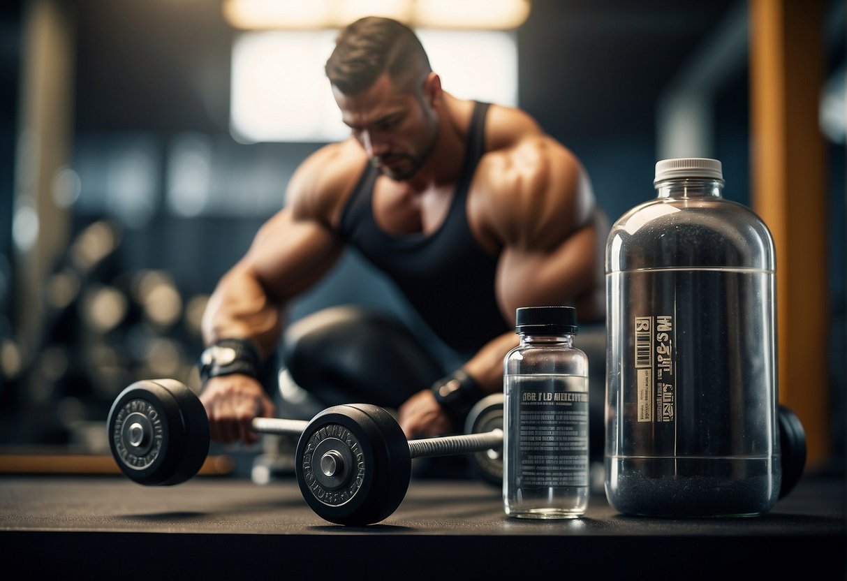 A muscular figure lifting weights with legal steroid bottles nearby