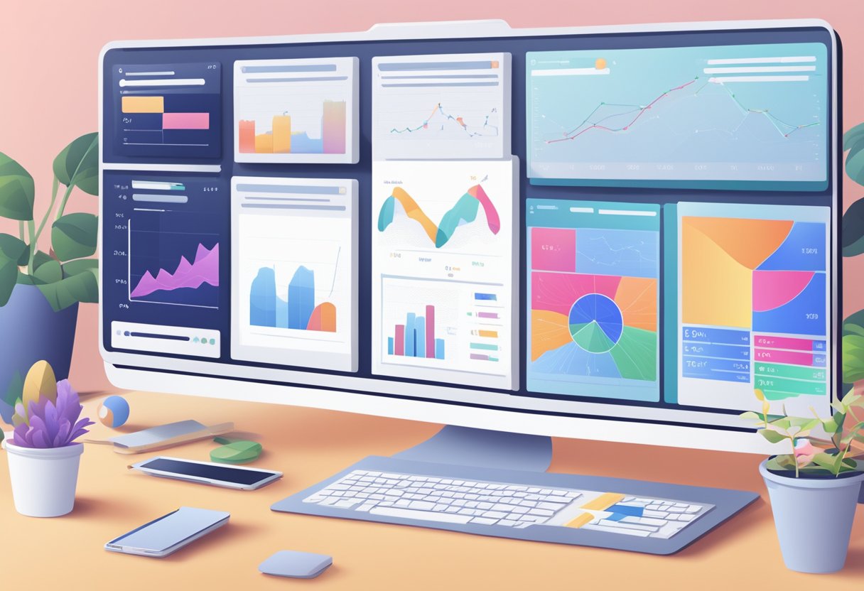 A computer screen displays real-time data and graphs, while an AI algorithm processes information for a blogger's website