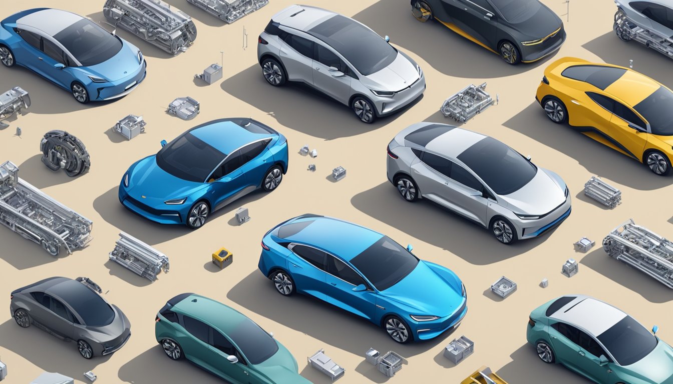 Electric vehicles surrounded by discarded aluminum parts