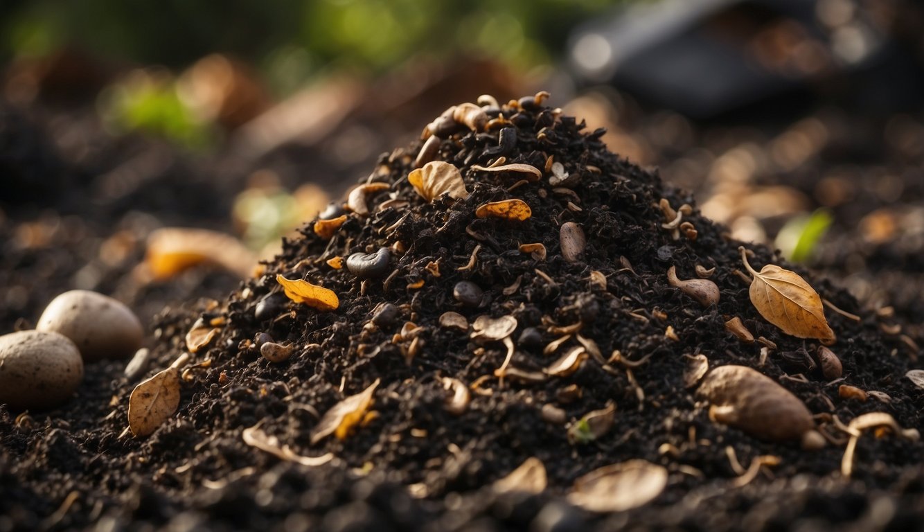 Piles of organic matter decompose over time, turning from raw materials into dark, crumbly compost. Microorganisms break down the waste, releasing nutrients