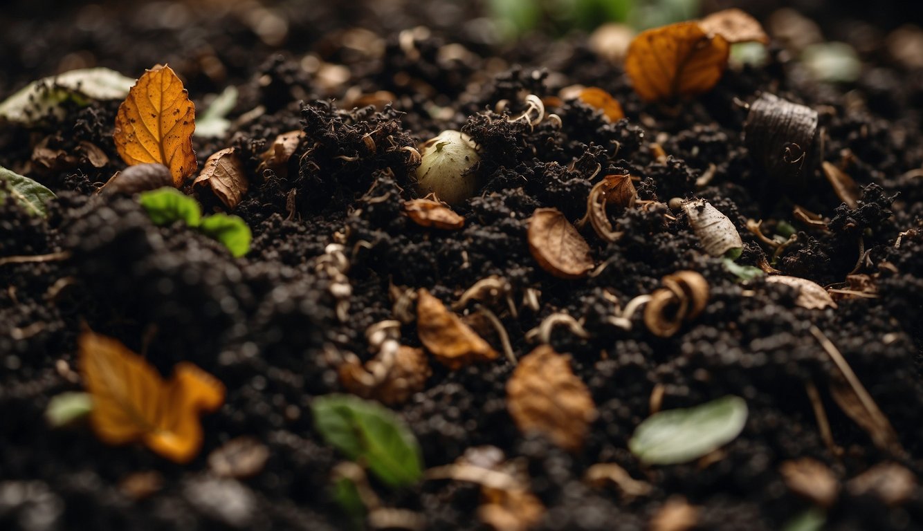 A pile of organic waste decomposes into dark, crumbly compost. Microorganisms break down the materials, releasing heat and creating a rich, earthy smell