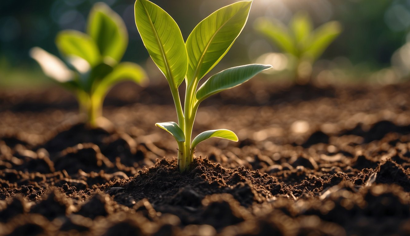 A banana tree sapling is gently placed into the rich soil, surrounded by a circle of nutrient-rich compost. The sun shines down on the young plant, as it begins its journey towards becoming a fully grown banana tree