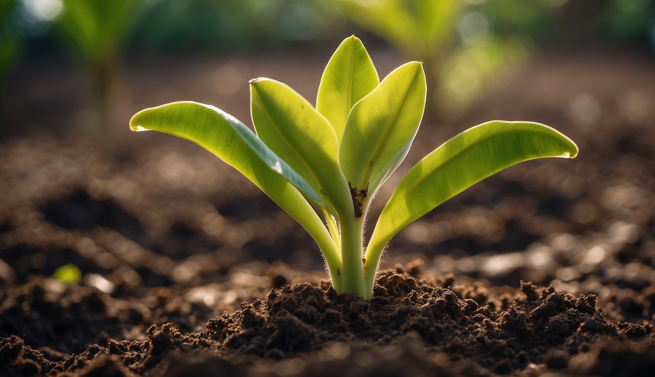 A banana tree sprouts from a ripe banana, surrounded by rich soil and sunlight