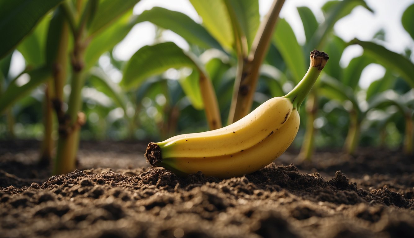 A banana tree being planted with a ripe banana as a seed