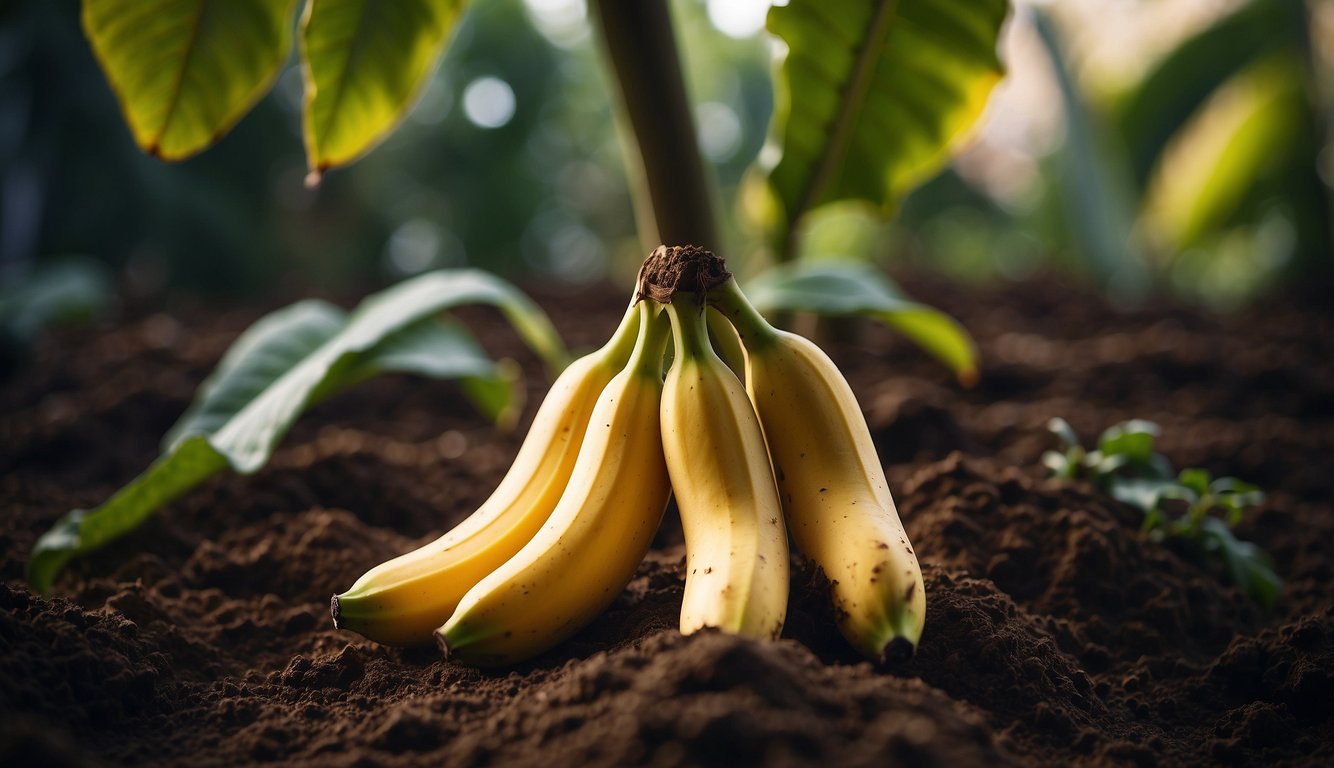 A banana tree with a ripe banana hanging from its branch, surrounded by soil, a small shovel, and a pair of gardening gloves