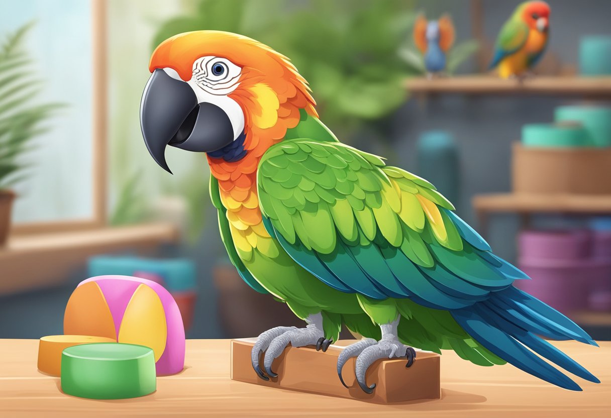 A parrot perched on a stand, beak open in a scream. Toys and treats nearby, owner calmly observing