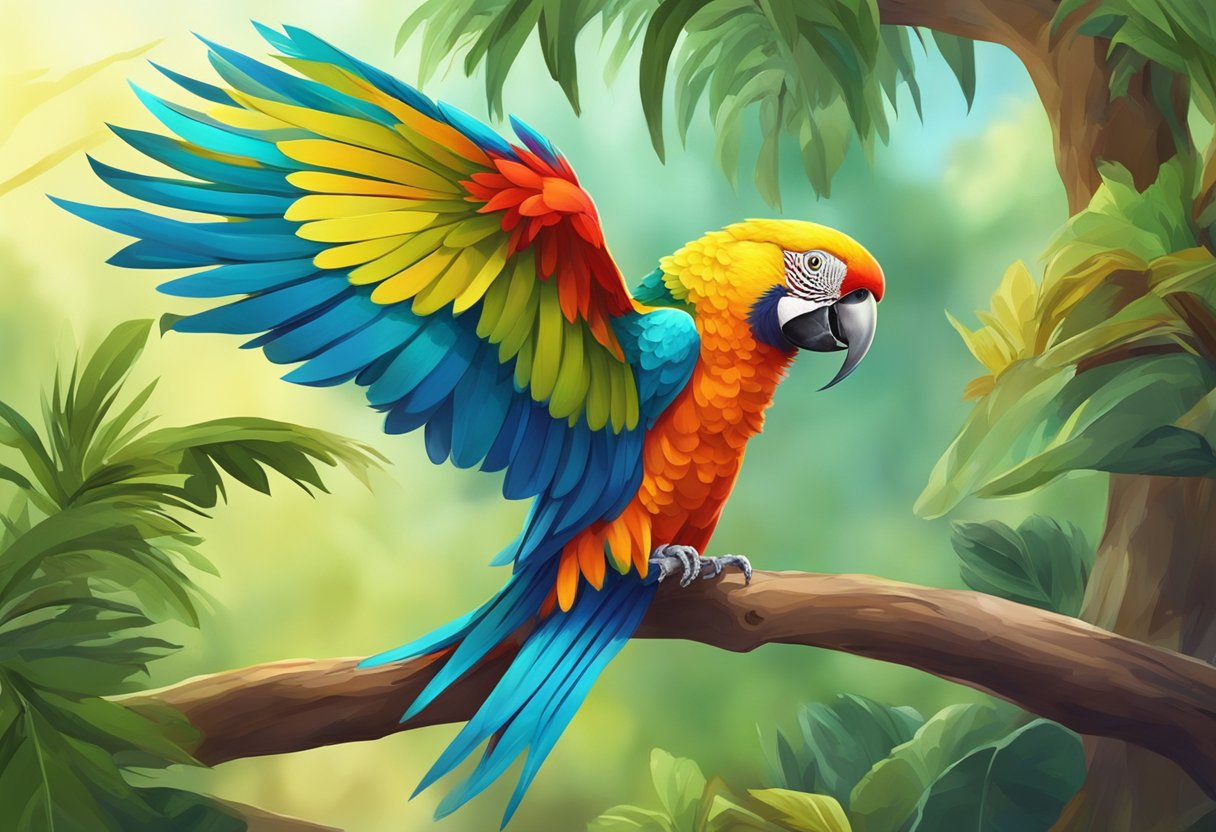 A colorful parrot perched on a branch, mouth open in a loud scream, feathers ruffled. The surrounding environment is lush and vibrant, with other birds nearby