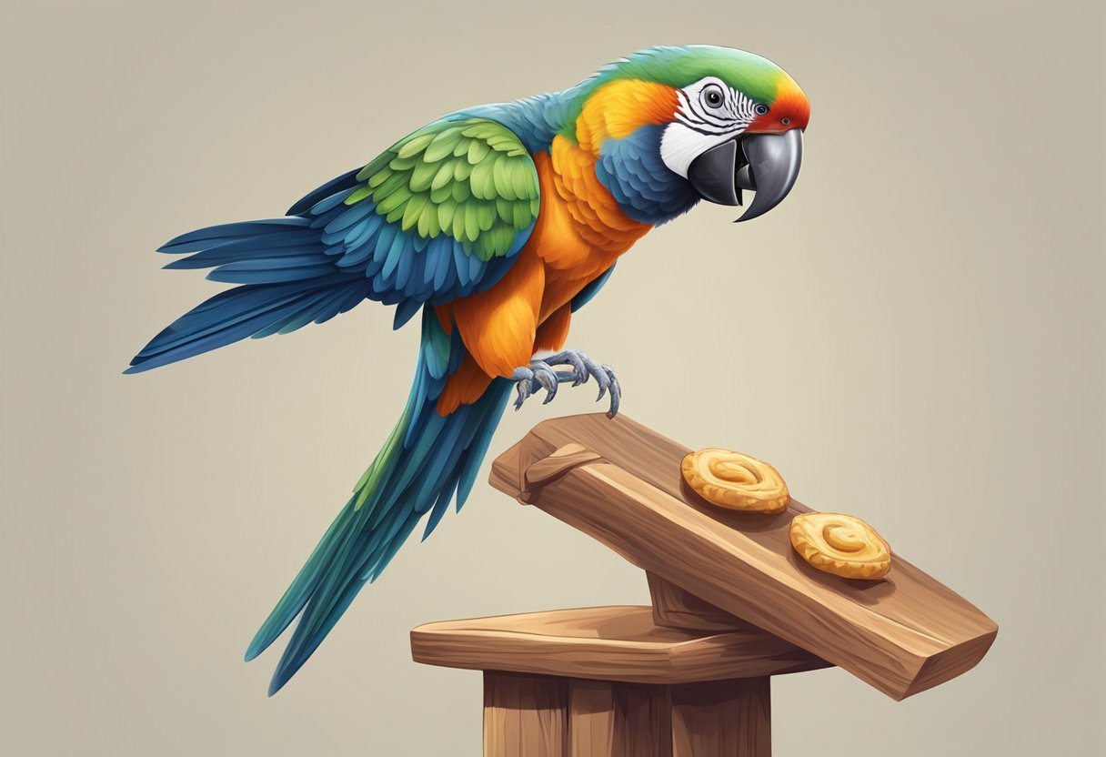 A parrot perched on a wooden stand, beak open in a scream. A person holds a treat, trying to redirect the bird's attention