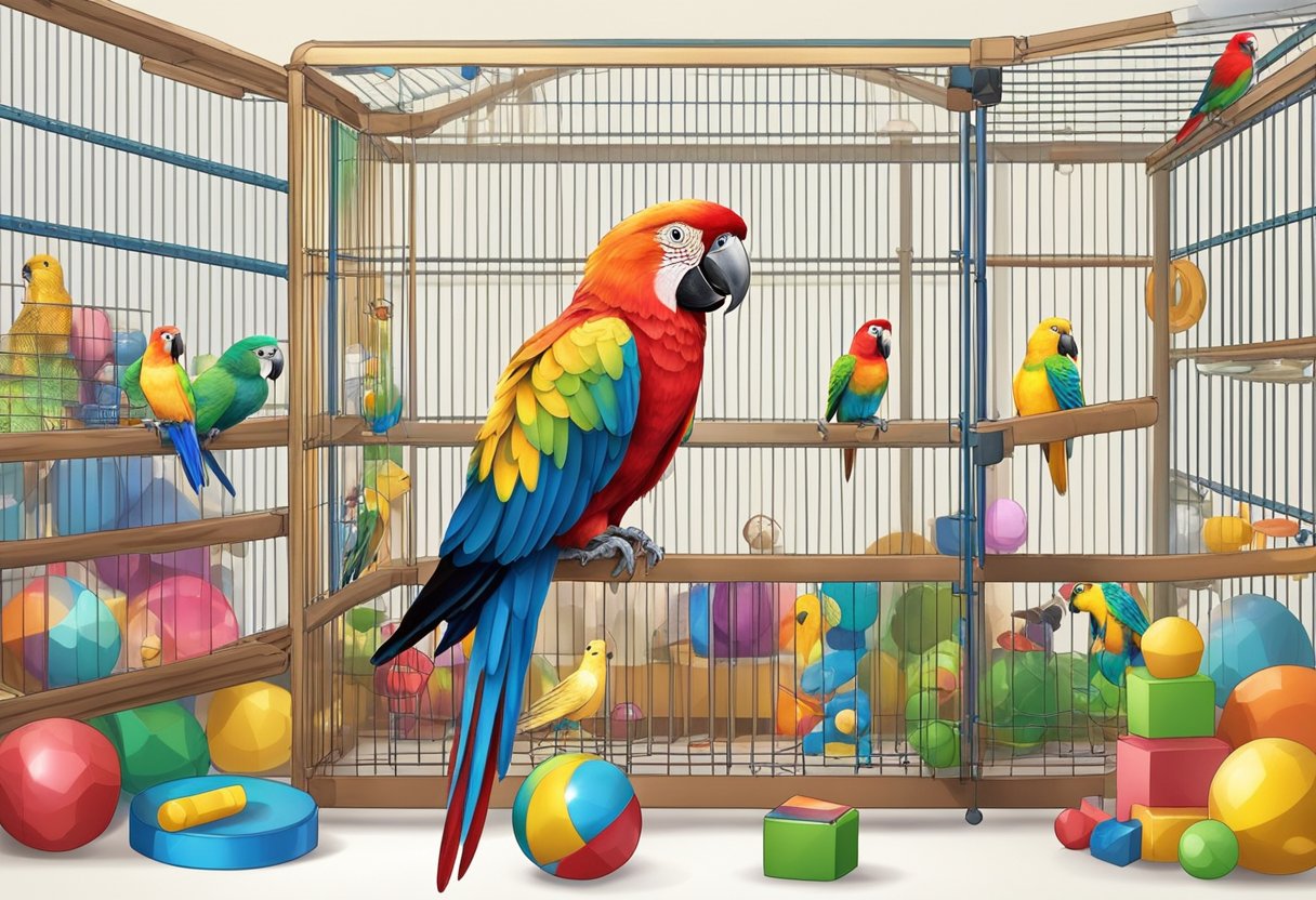 A colorful parrot perched in a spacious, well-lit cage, surrounded by various toys and perches. The bird is engaged in vocalization, with a focused and attentive expression