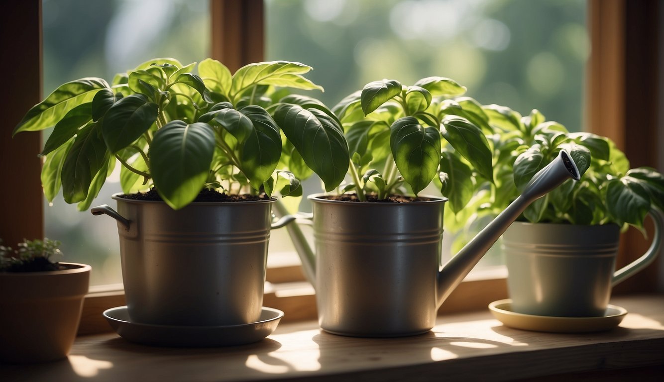 Healthy basil plant in a pot with curled leaves, placed near a sunny window, surrounded by gardening tools and a watering can