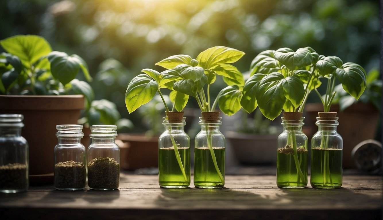 Basil plant with curled leaves, surrounded by gardening tools and nutrient solution bottles