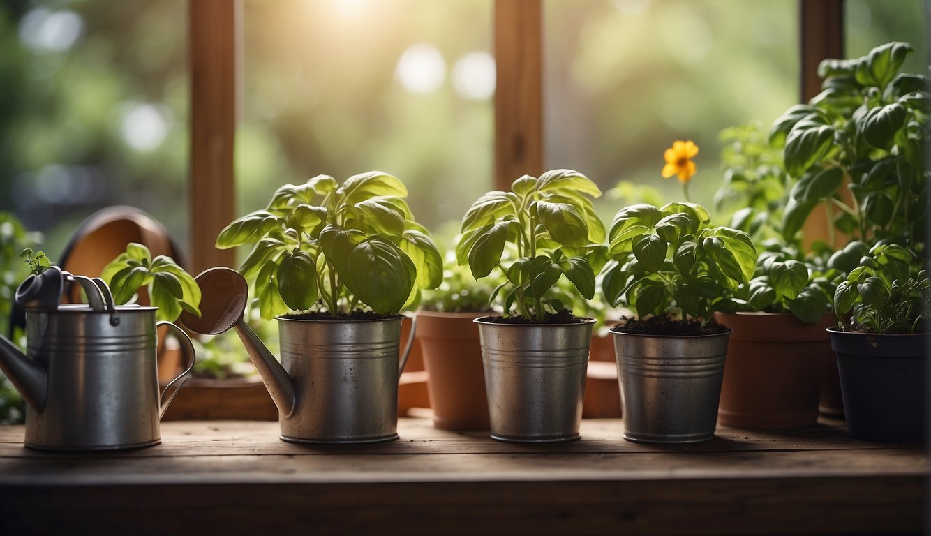 Basil leaves curling in pots, surrounded by gardening tools and a watering can