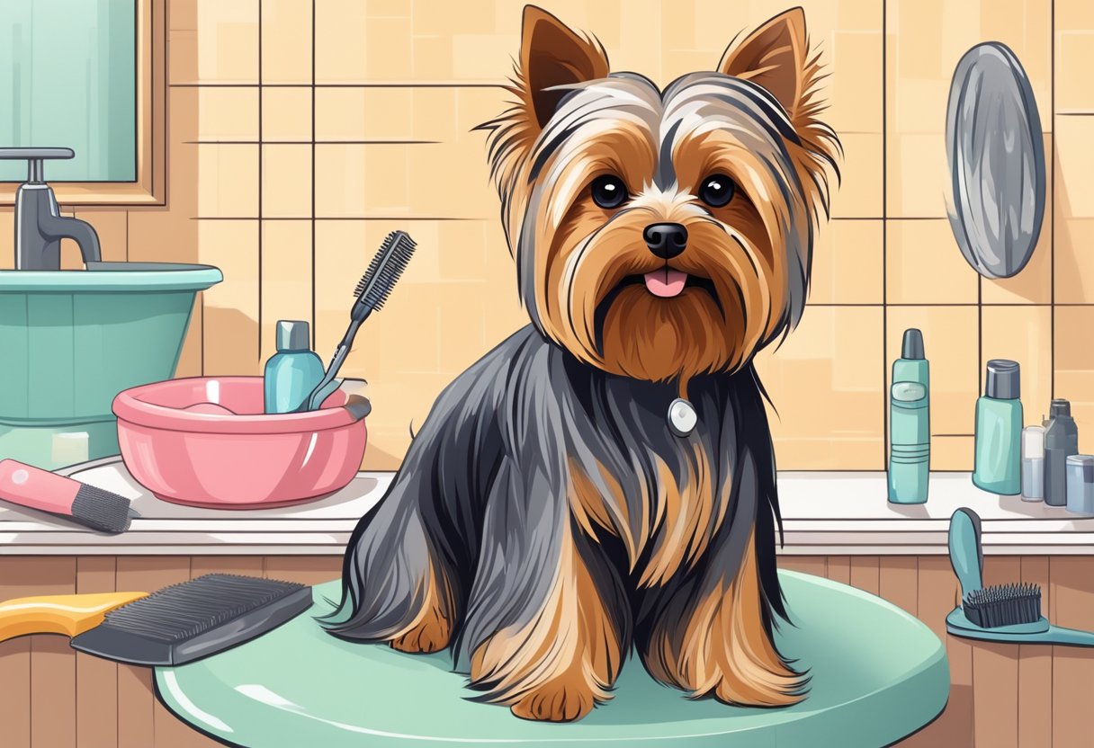 A Yorkshire Terrier is being groomed with a brush and comb, trimmed with scissors, and bathed with gentle shampoo in a well-lit, clean grooming area