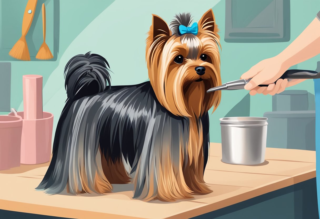 A Yorkshire Terrier is being groomed, with a brush in hand, carefully combing through its long, silky coat. The dog sits patiently as its fur is being tidied and styled