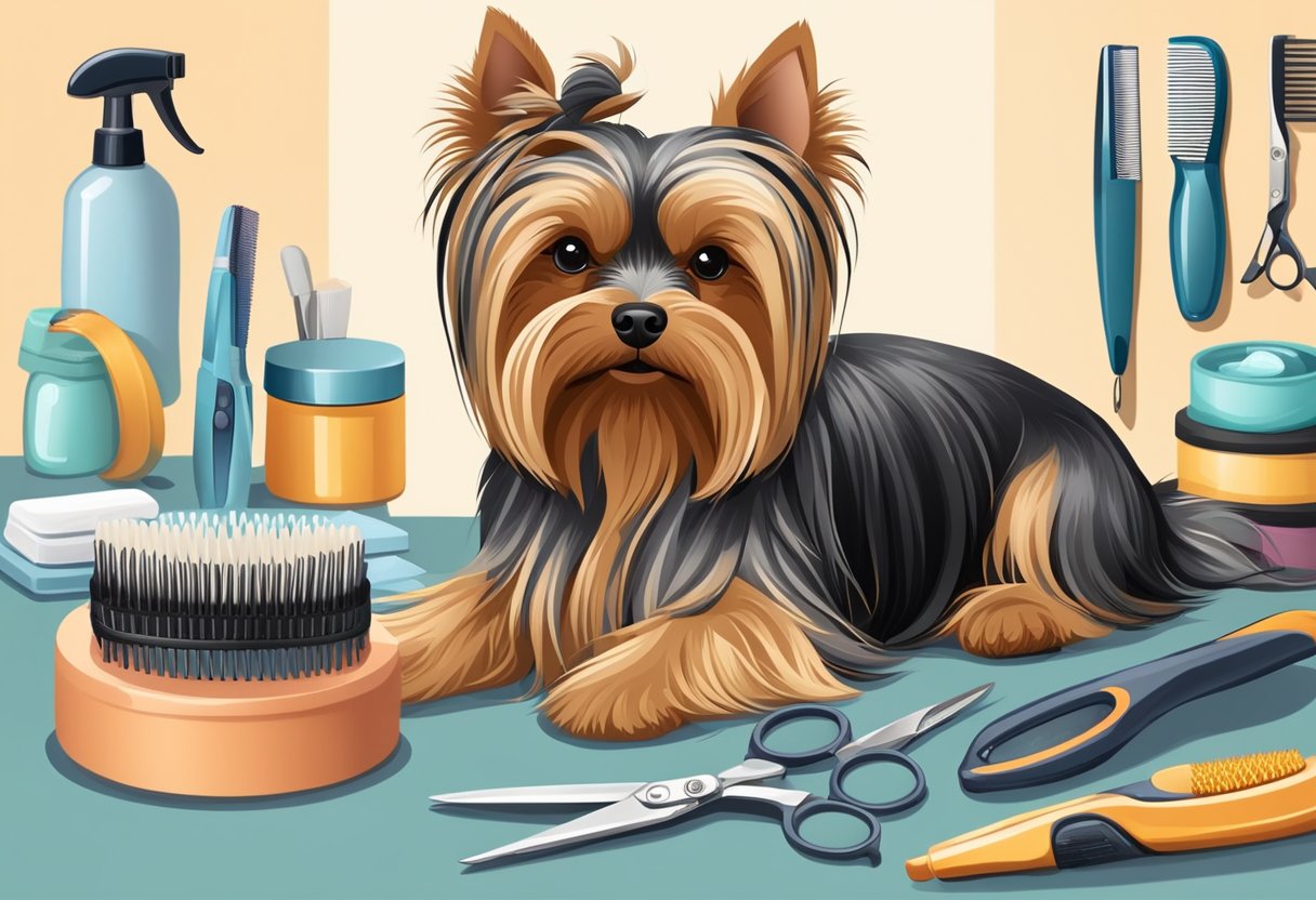 A table with grooming tools laid out neatly. A Yorkshire Terrier sits calmly on a grooming table, surrounded by brushes, combs, scissors, and nail clippers