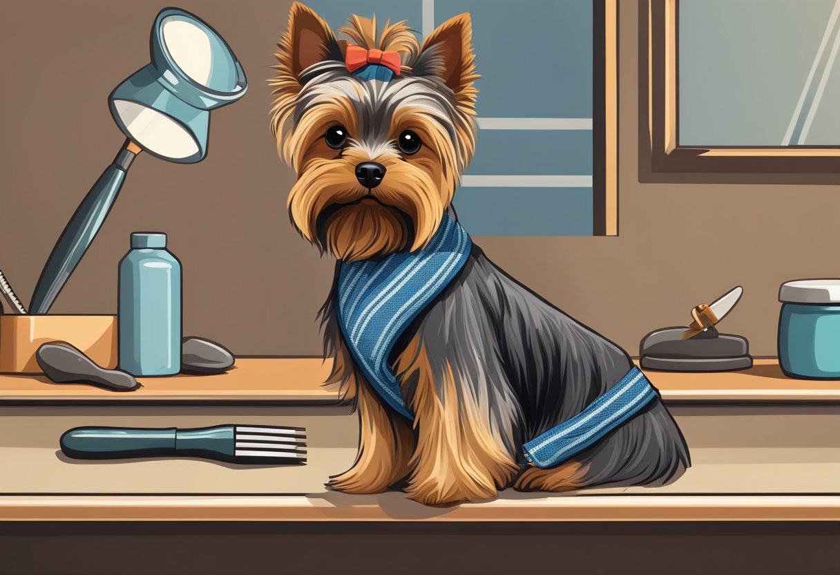 A Yorkshire Terrier stands on a grooming table. A brush and comb sit nearby. The dog's coat is neatly trimmed and styled, with a bow or bandana adding a finishing touch