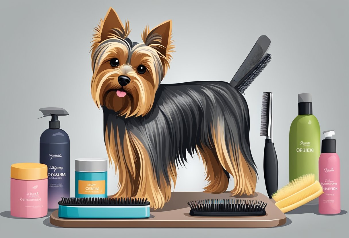 A Yorkshire Terrier stands on a grooming table, surrounded by brushes, combs, and grooming products. Its fur is being carefully brushed and trimmed, with a focus on maintaining a well-groomed appearance