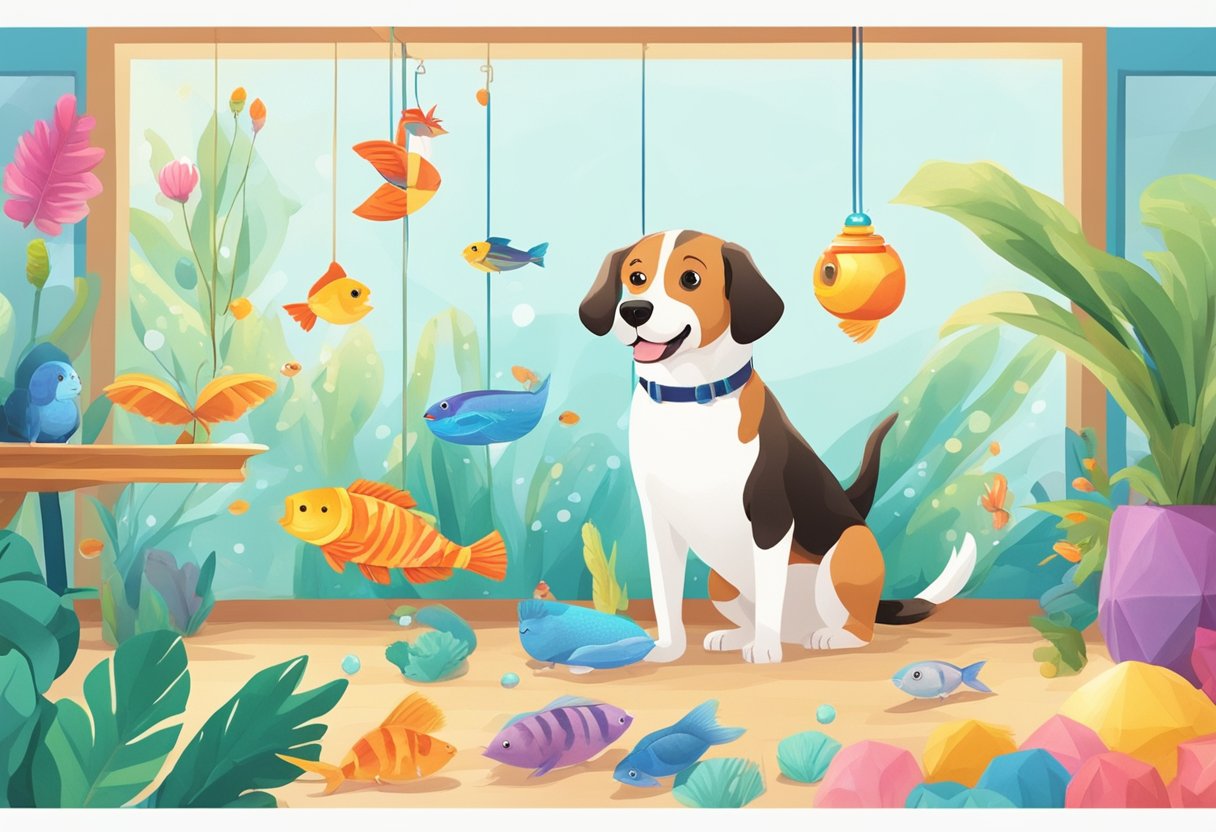 A dog happily playing with a chew toy, a cat batting at a feather wand, a bird pecking at a hanging bell, and a fish swimming around a colorful aquarium decoration