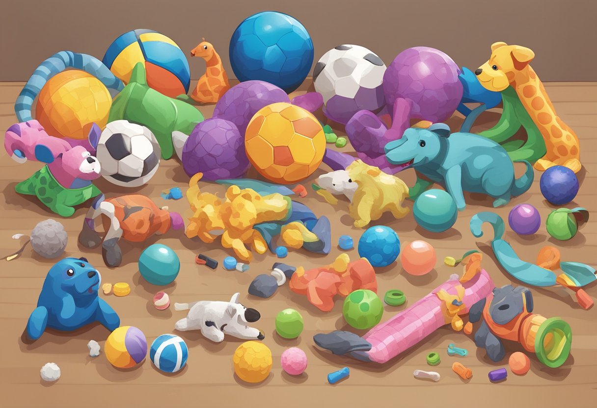 A variety of pet toys are scattered across a living room floor, including rubber balls, chew toys, and plush animals. A small pile of broken and hazardous toys is off to the side