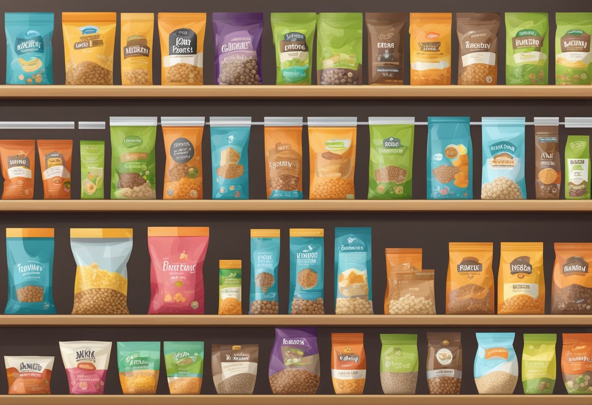 A variety of pet food bags with different labels and ingredients displayed on shelves in a pet store