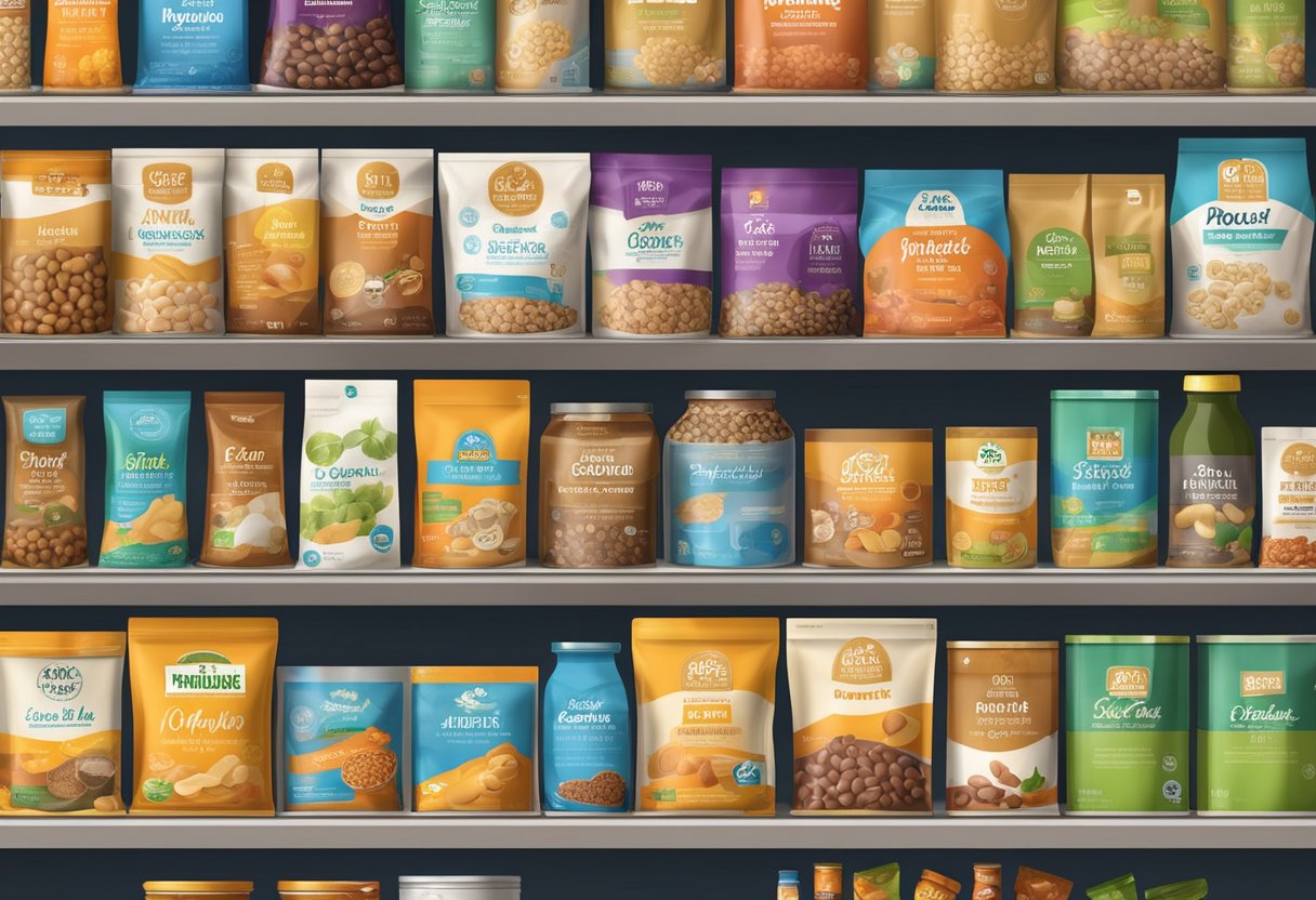 A variety of pet food bags, cans, and pouches are displayed on shelves. Labels and ingredients are clearly visible, showcasing nutritional information