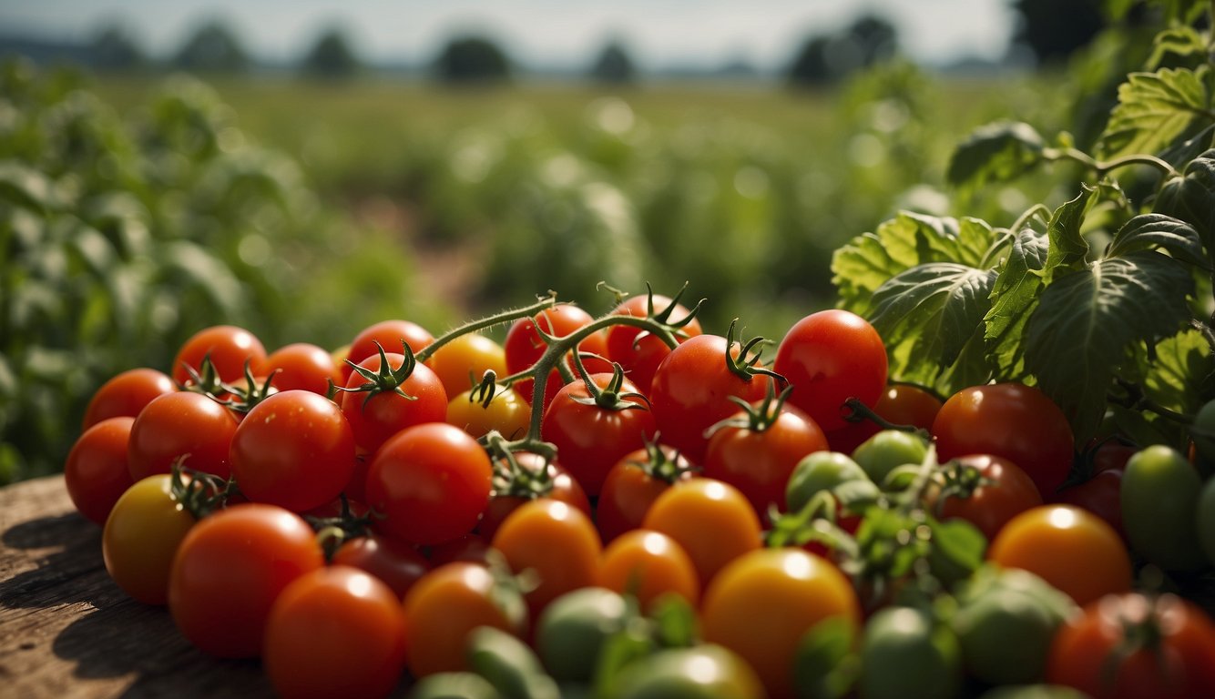 A pile of ripe cherry tomatoes with a sign displaying their nutritional information. Surrounding the tomatoes are lush green plants and the backdrop of a sunny farm field