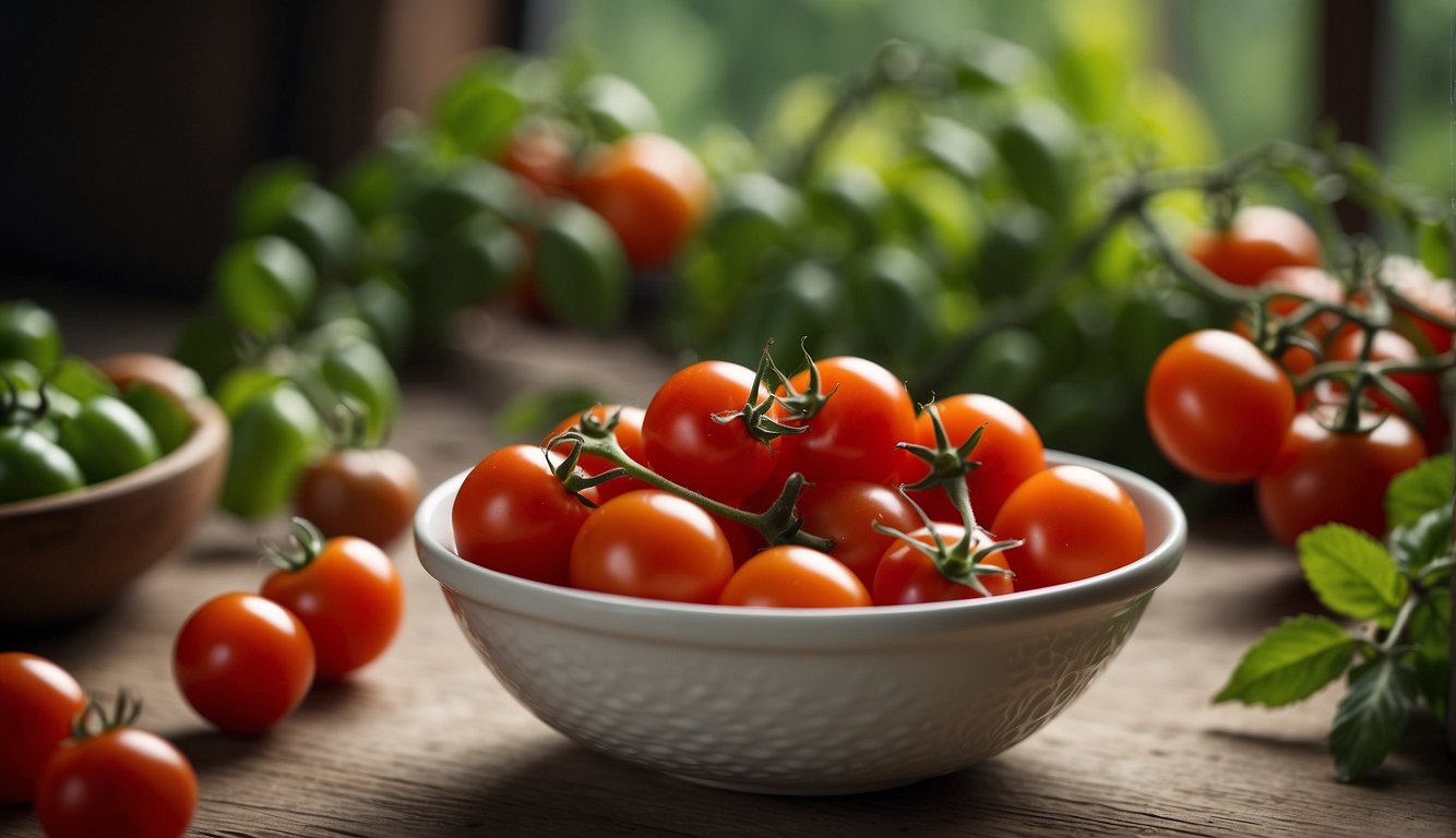 A bowl filled with cherry tomatoes, a nutrition label, and a list of frequently asked questions about their nutritional information