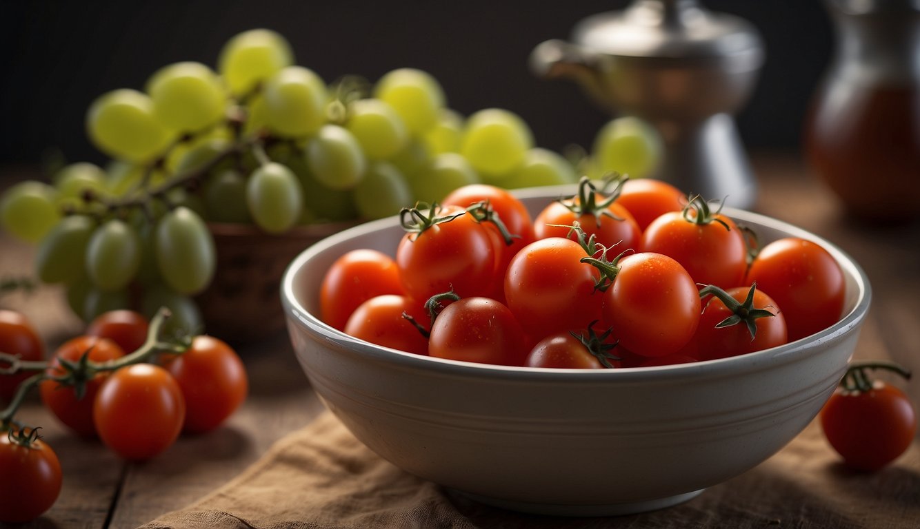 A bowl of grape tomatoes with a nutrition label next to it