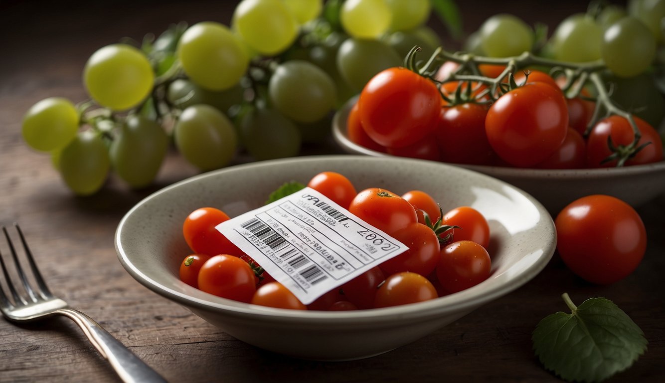 A bowl of grape tomatoes next to a nutrition label, with a fork and knife on the side