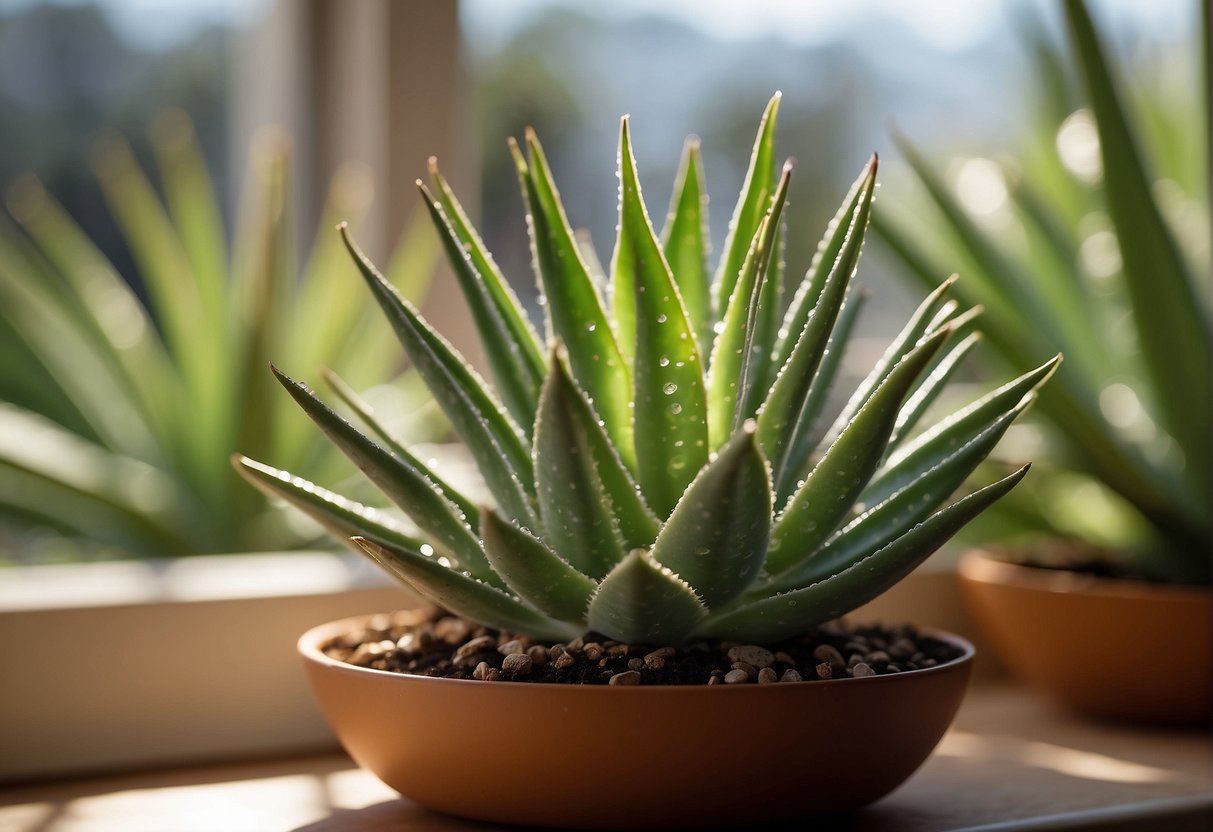 Aloe plant sits in a sunny window, watered sparingly, soil well-drained. Pruned leaves show clear gel