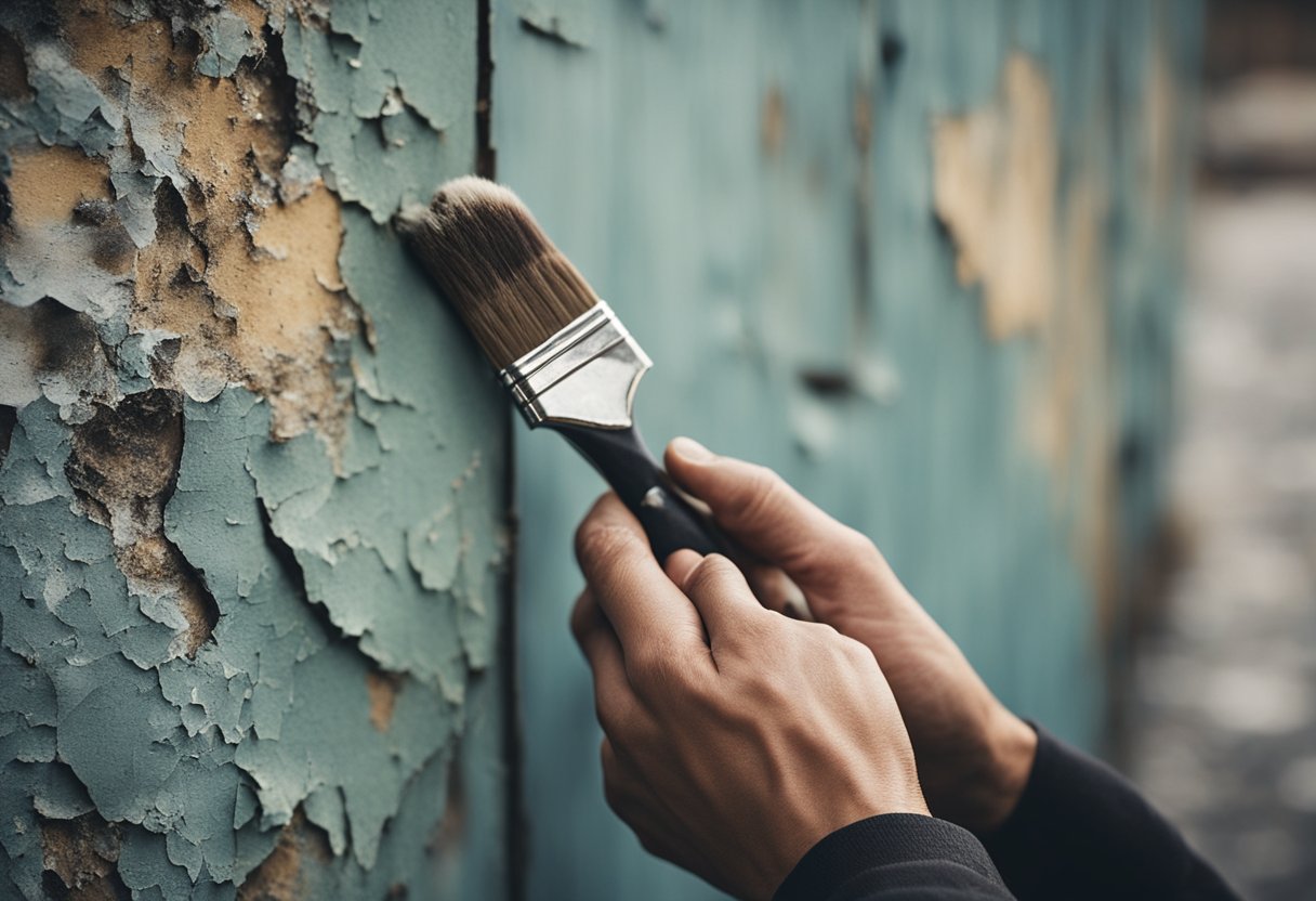 A hand holding a paintbrush examines peeling, cracked paint on a weathered wall