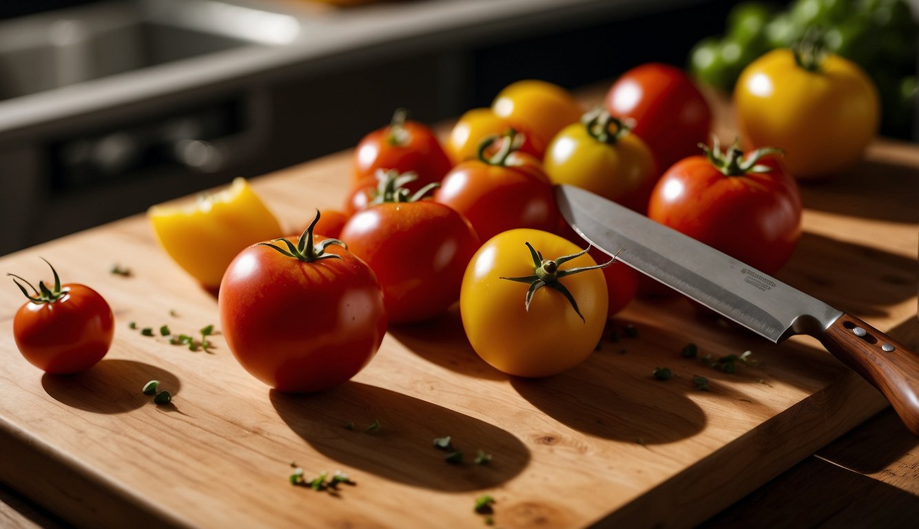 A variety of tomatoes, including cherry, beefsteak, and heirloom, are displayed on a wooden cutting board. A chef's knife is positioned nearby, ready to slice into the vibrant red and yellow fruits