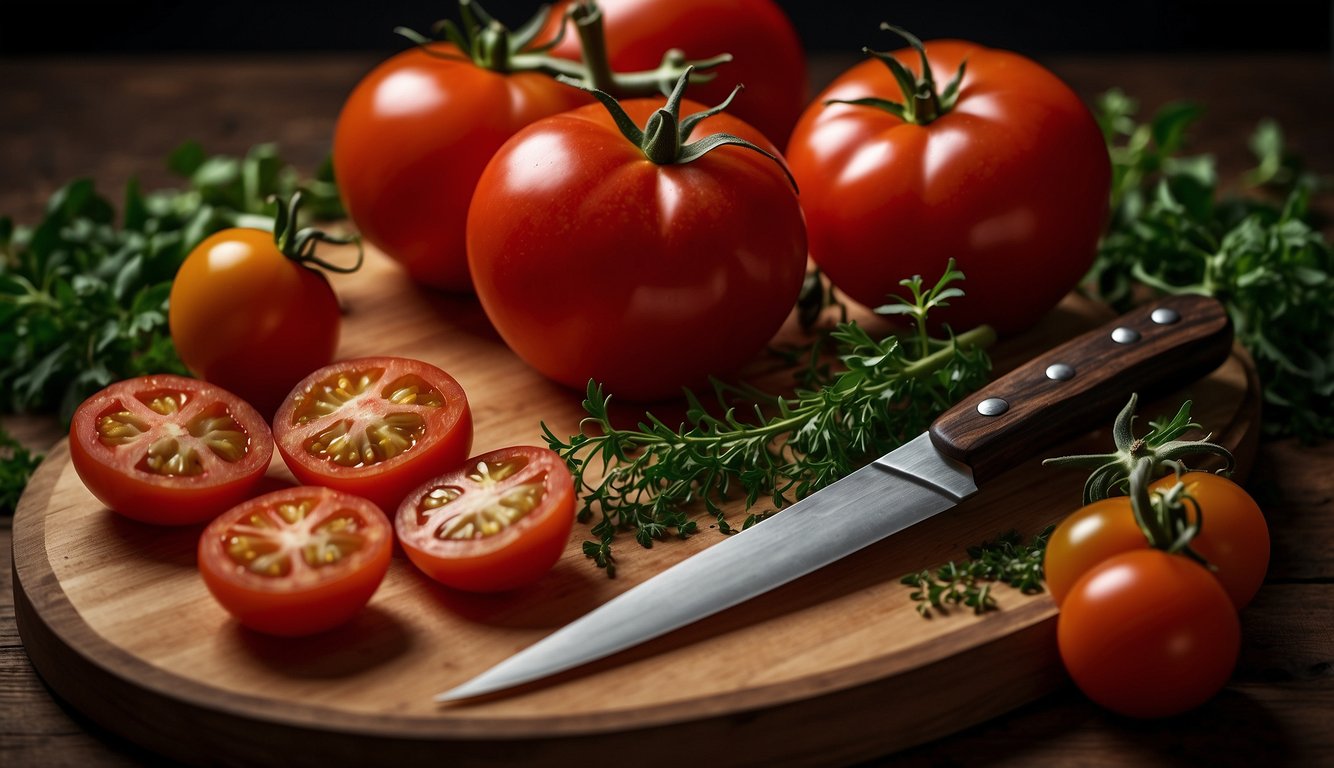 Ripe red tomatoes arranged on a wooden cutting board with a knife and various fresh herbs in the background