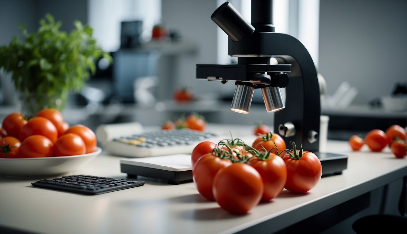 A lab table holds ripe tomatoes, a microscope, and data charts. Researchers analyze nutritional content