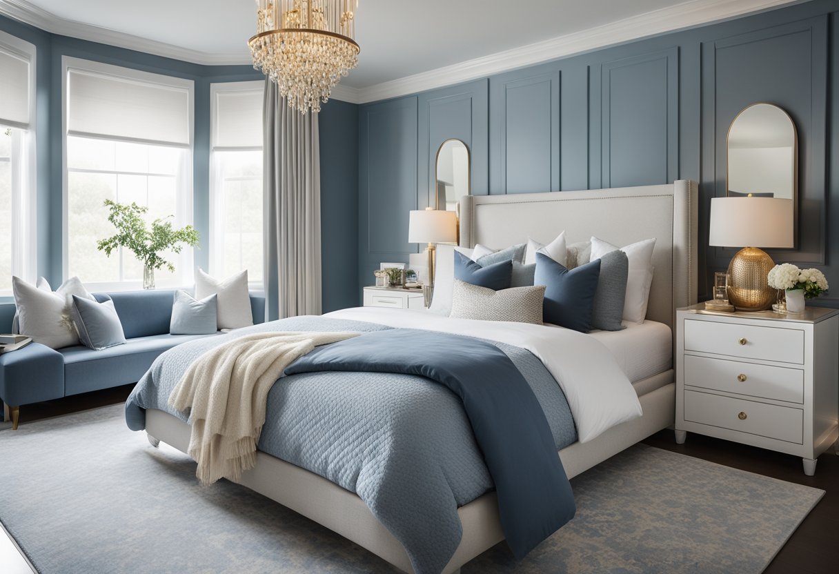 A serene master bedroom with a cohesive colour scheme of soft blues, greys, and whites. A plush bed with matching bedding, a cozy reading nook, and subtle accents of metallic gold