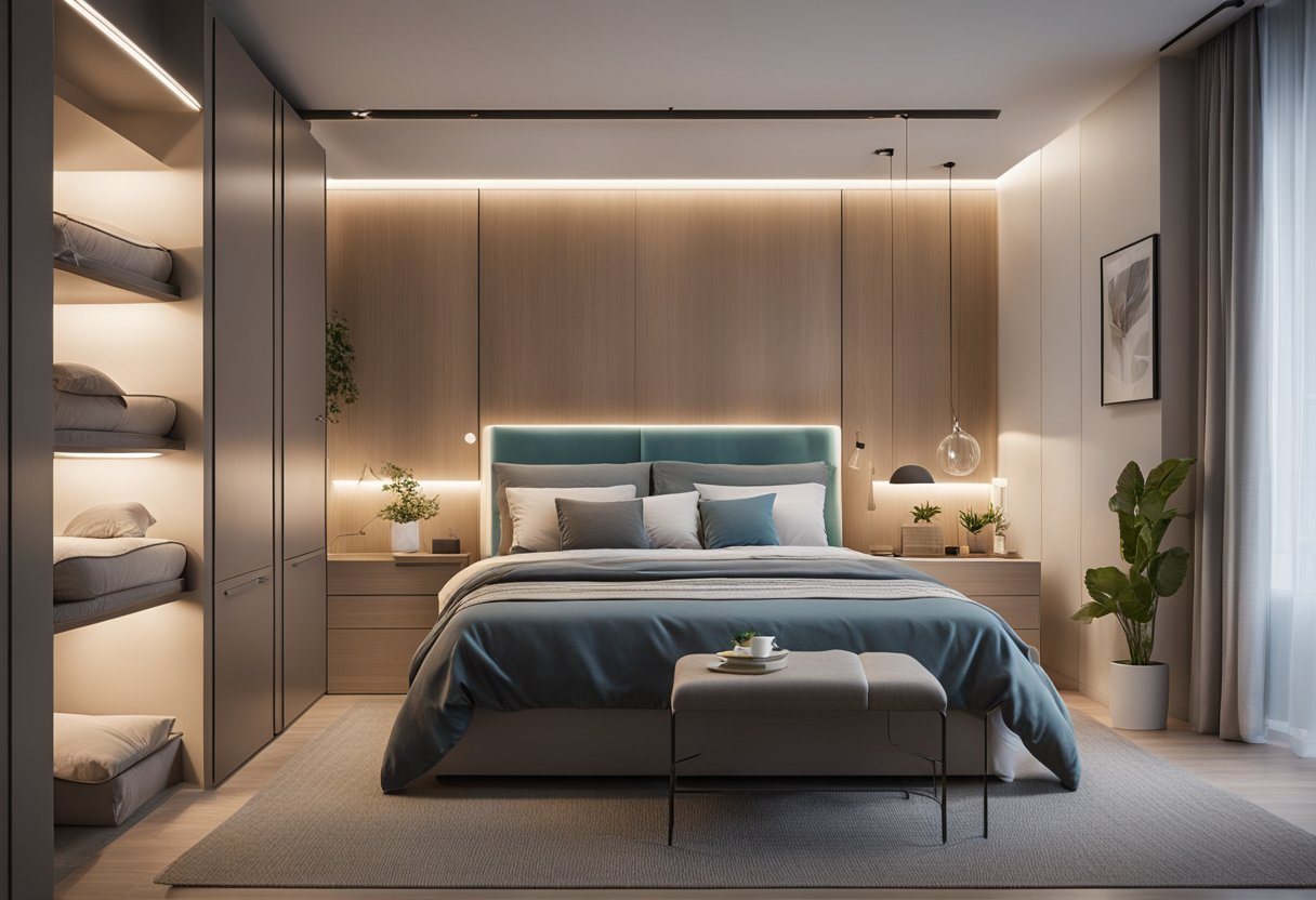 A spacious master bedroom with built-in storage solutions, including a large wardrobe, floating shelves, and under-bed drawers. The room is neatly organized and decorated with a cozy bed and soft lighting