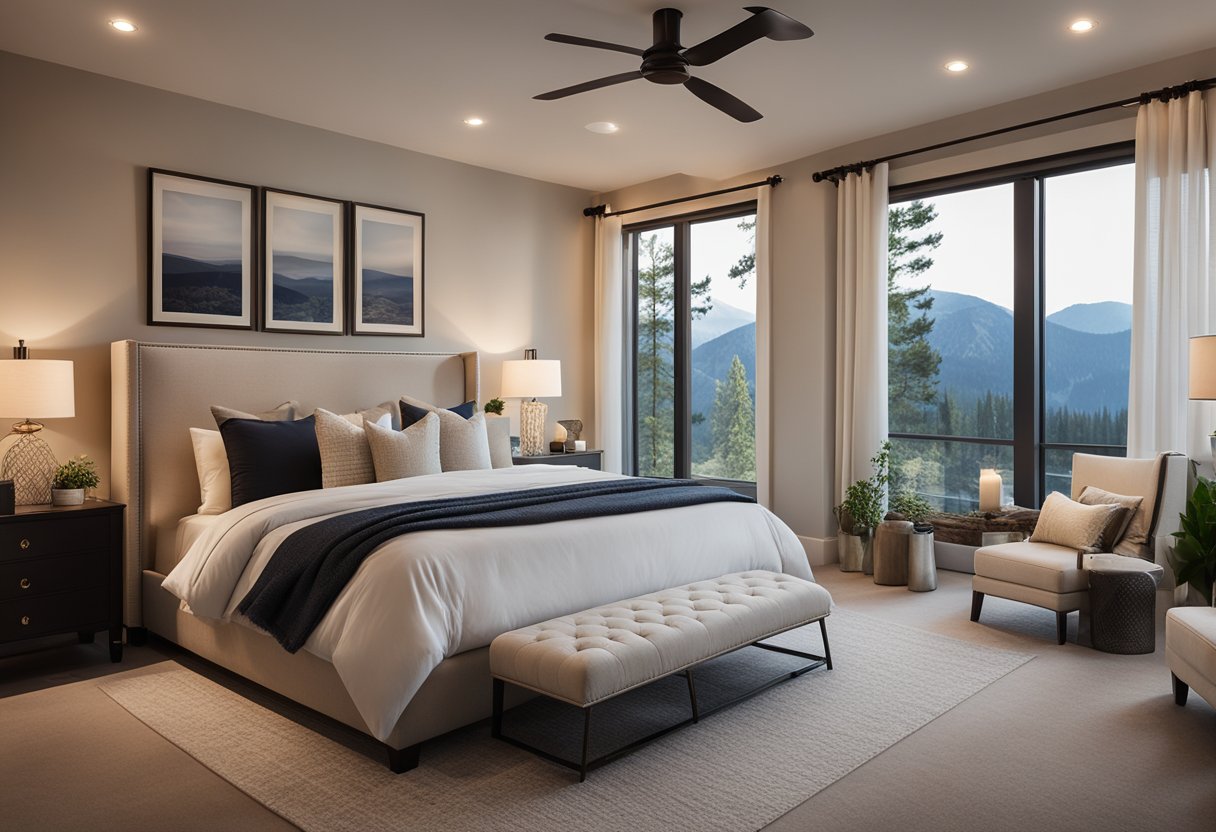 A cozy master bedroom with warm lighting, plush bedding, and soft textures. A fireplace adds a touch of elegance, while large windows offer natural light and a view of the outdoors