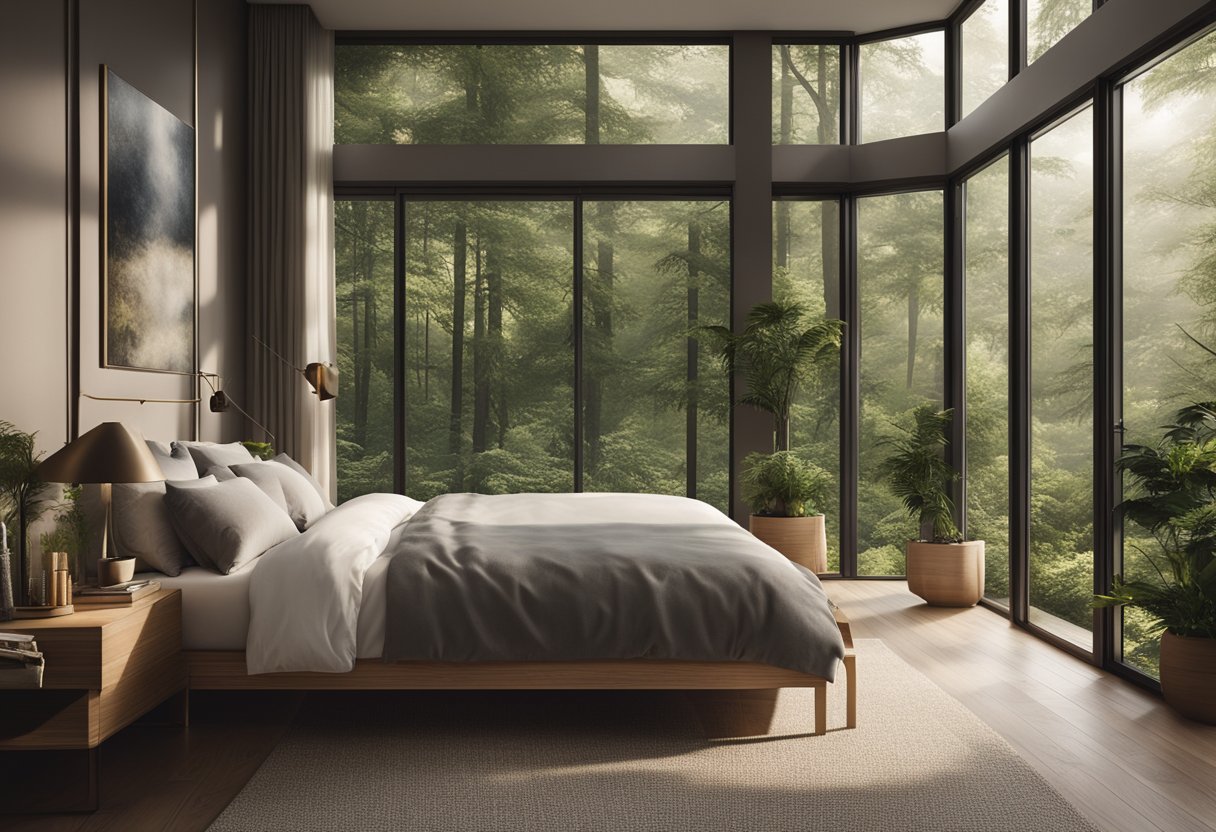 A spacious bedroom with large windows, showcasing a panoramic view of a lush green forest. A cozy fireplace and earthy color palette create a serene atmosphere