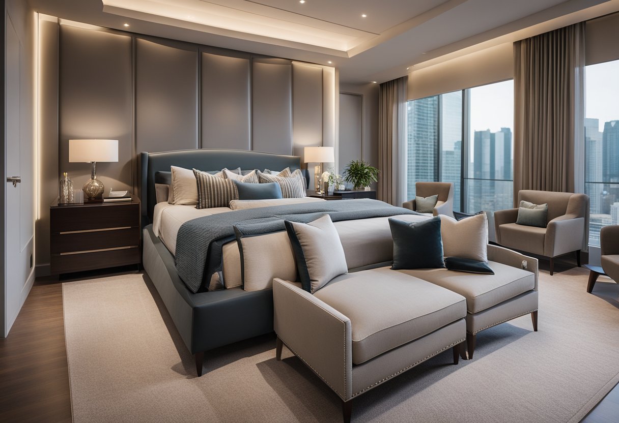 The master bedroom showcases a modern design with a king-sized bed, sleek furniture, and soft lighting