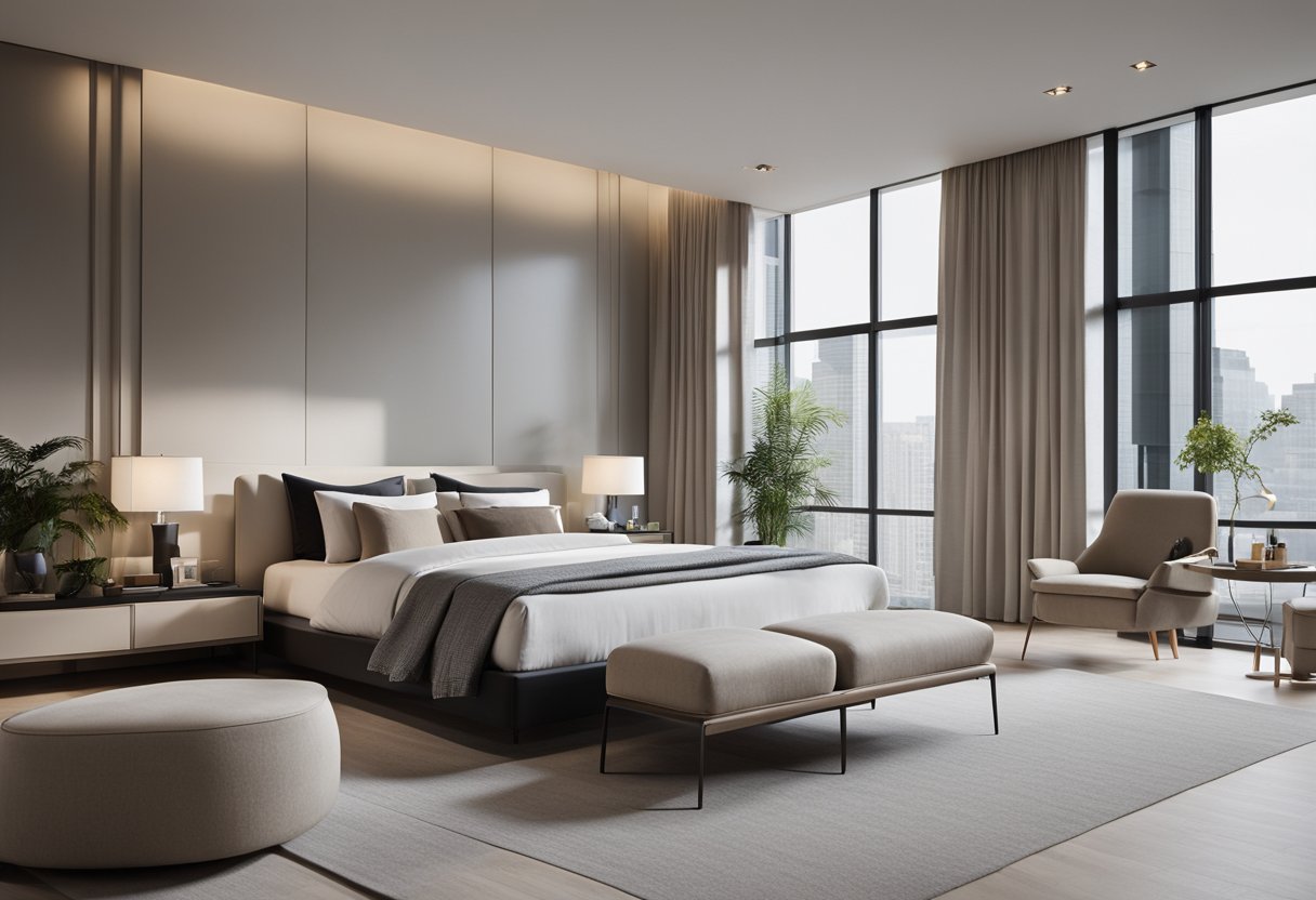 A sleek, minimalistic bedroom with clean lines, neutral colors, and modern furniture. Large windows allow natural light to flood the space, creating a serene and contemporary atmosphere