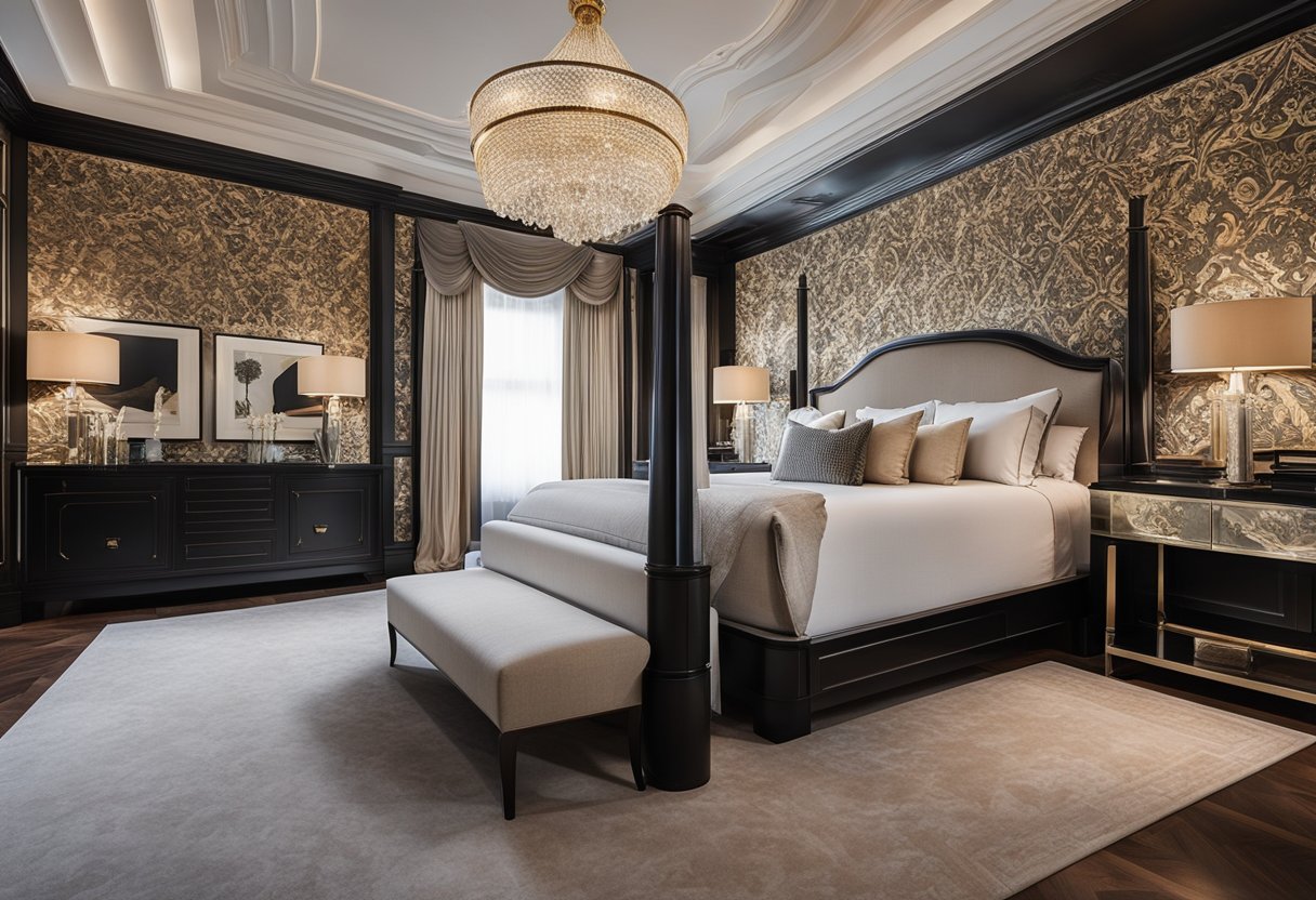 A master bedroom with ornate wallpaper, intricate ceiling moldings, and a large statement artwork above the bed