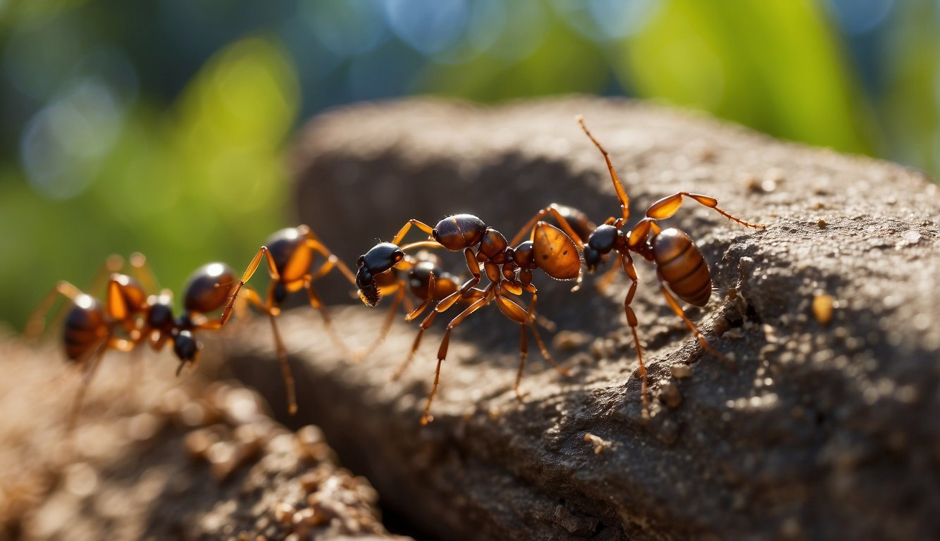 Ants gather around a line of organic ant repellent, avoiding it. Some ants are seen carrying food away from the repellent