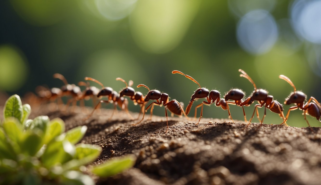 A line of ants avoiding a barrier of natural repellents, such as cinnamon, peppermint, or citrus, with visible signs of discomfort