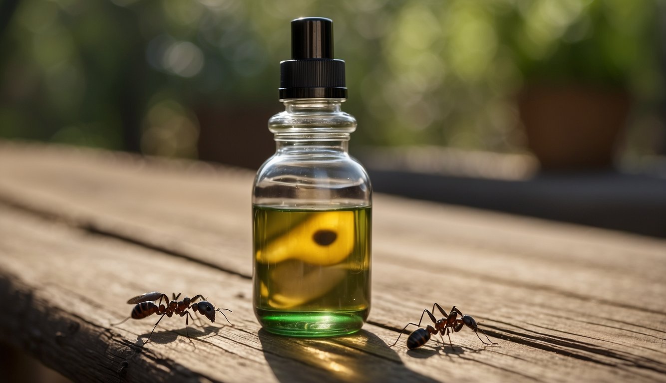 A glass spray bottle sits on a wooden table, filled with a mixture of essential oils and water. A line of ants approaches but veers away from the bottle
