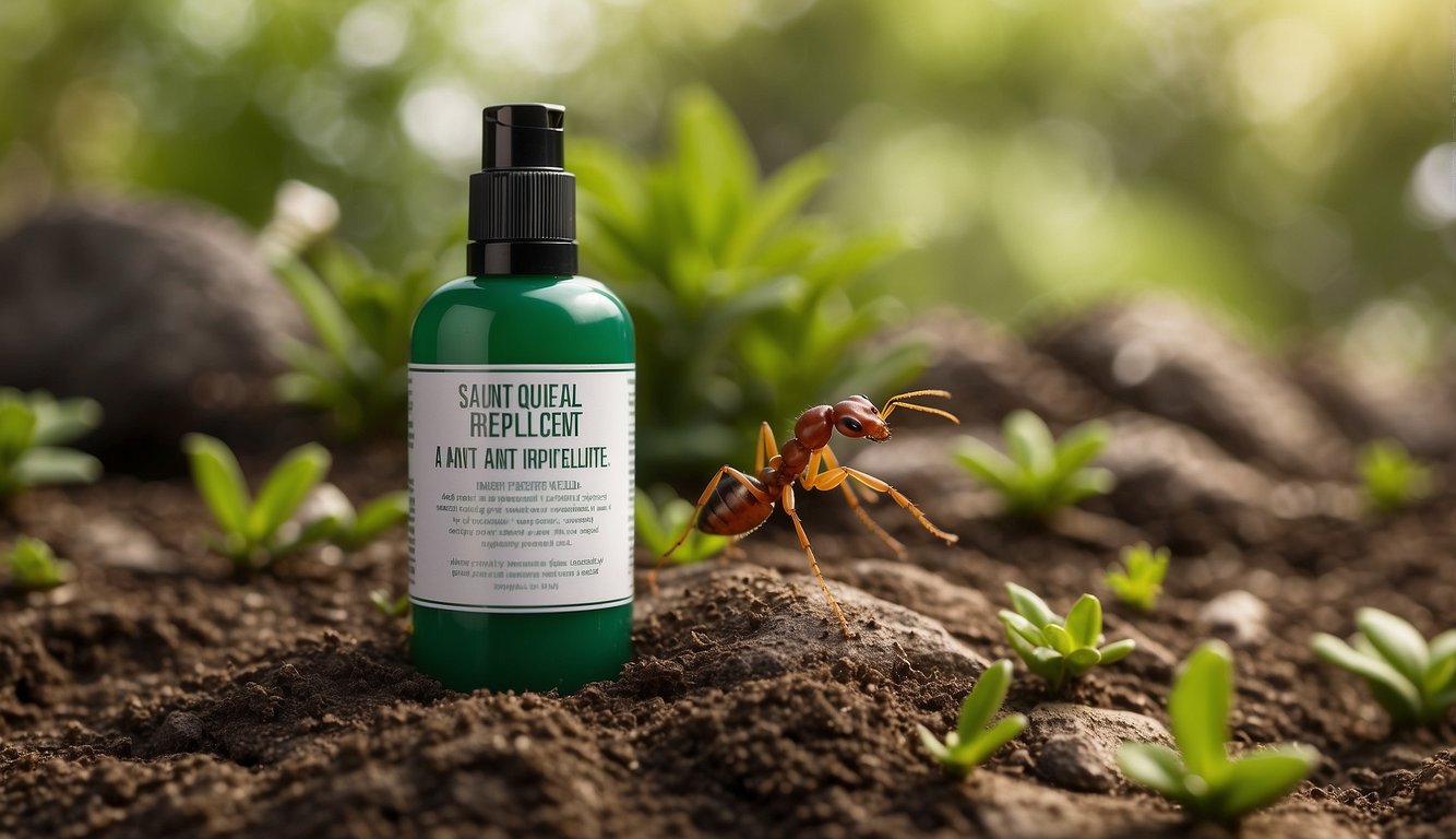 A natural, non-toxic ant repellent is being applied in a garden setting, with emphasis on environmental safety and sustainability